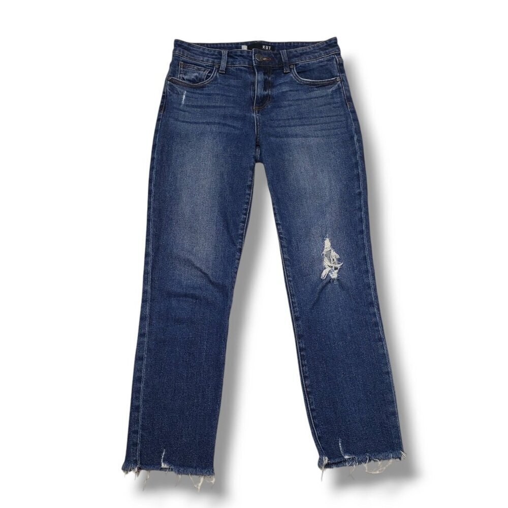 Kut from the Kloth Reese Ankle Straight Jeans Womens 4 Distressed Fray Hem Mid R